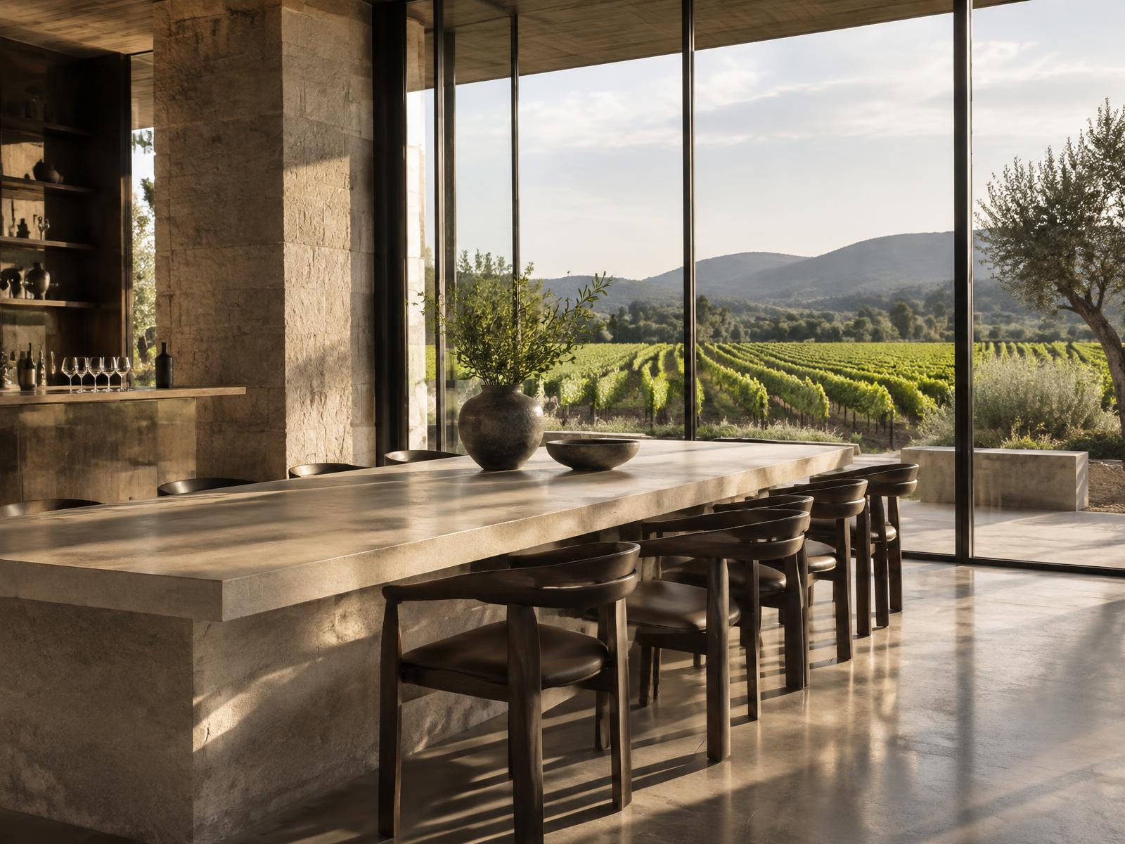 Stone tasting table facing vineyard views