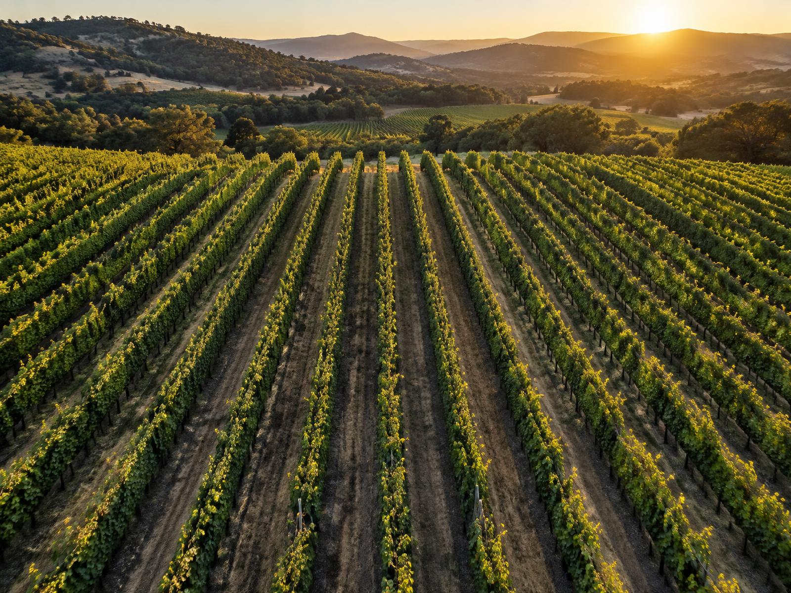 Aerial view across Napa Valley vineyard rows