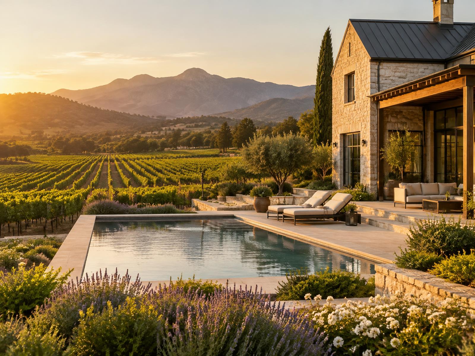 Private vineyard residence and pool at golden hour